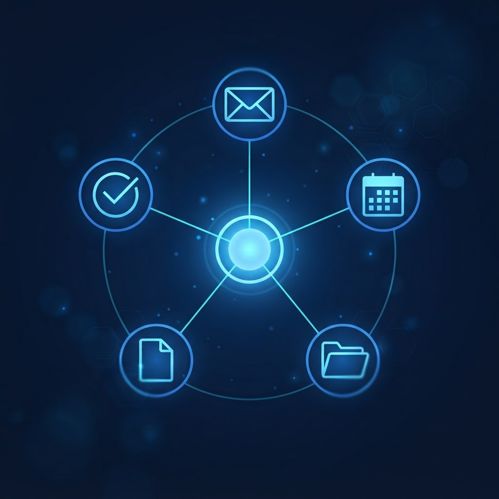 A central AI assistant connected to email, calendar, cloud drive, and project management tools