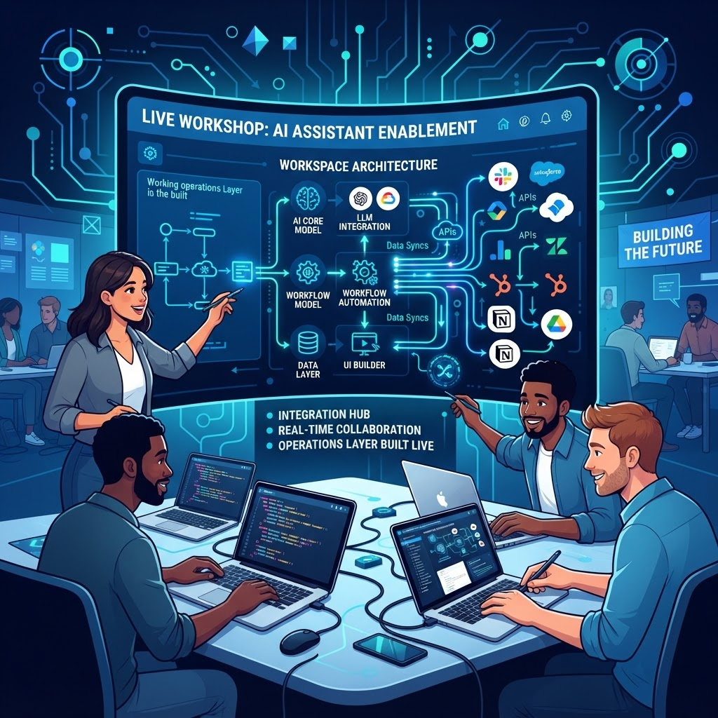 A team building a working AI operations layer live during a hands-on workshop